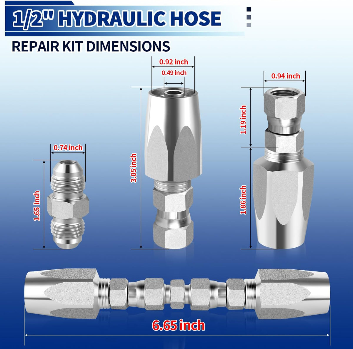 Hydraulic Hose Repair Kit, 1/2" Hydraulic Hose Field Repair Kit, 2pcs Reusable Heavy Duty Galvanized Carbon Steel
