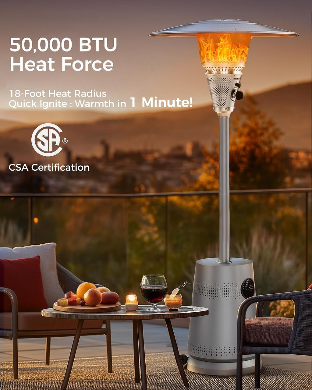 50,000 BTU Patio Heater for Outdoor Use, Portable Propane Patio Heater with Wheels, Stainless Steel Burner for Porch