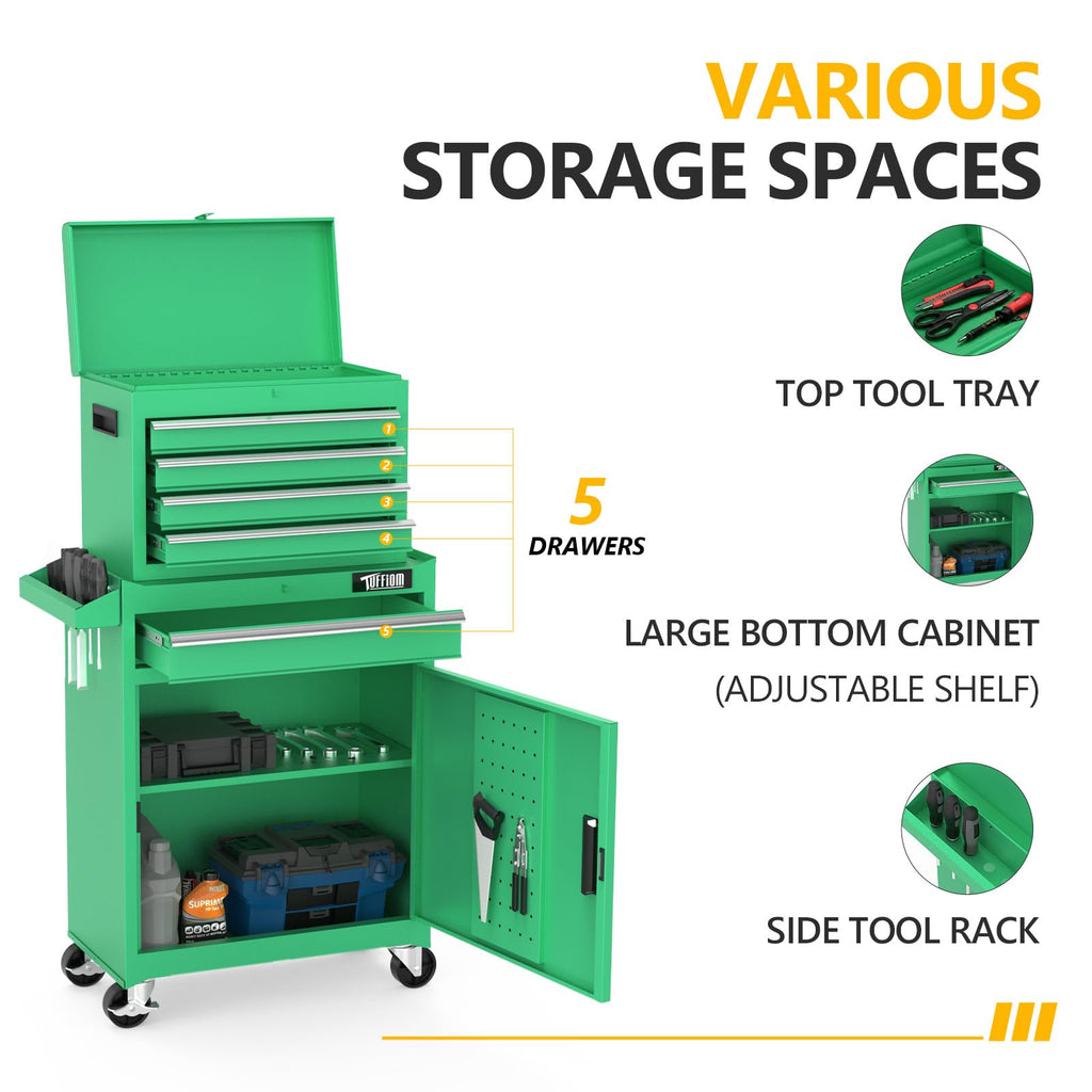 5-Drawer Rolling Tool Chest, Tool Storage Cabinet w/Drawers, Lockable Wheels, Detachable Top & Adjustable Shelf