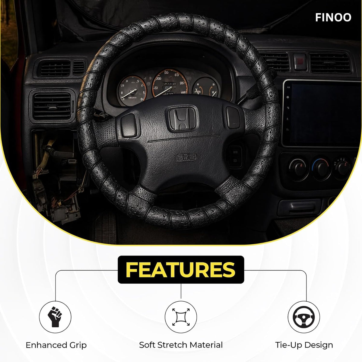 Black Lace-On Steering Wheel Cover, 14–15 Inch Universal Fit, Retro Classic Style for Cars Trucks SUVs, Stretch