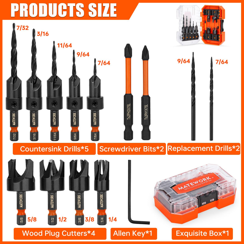 Matework 15PCS Countersink Drill Bit Set, M2 Cobalt HSS Drill Bits for Wood