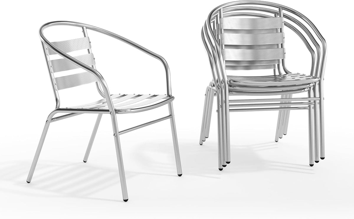 Lila 4 Pack Commercial Aluminum Indoor-Outdoor Restaurant Stack Chair with Triple Slat Back and Arms