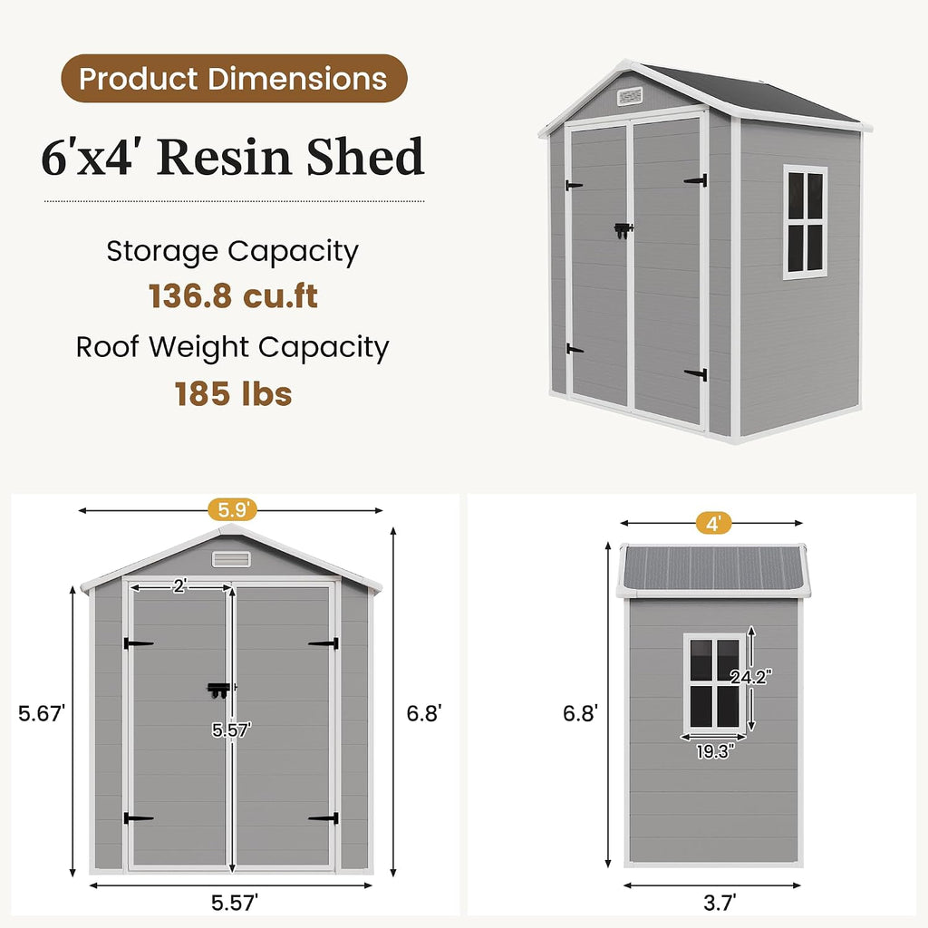 Outdoor Resin Storage Shed 6x4 FT, Plastic Shed for Garden, Grey | Weather UV Resistant, Heavy Floor, Lockable