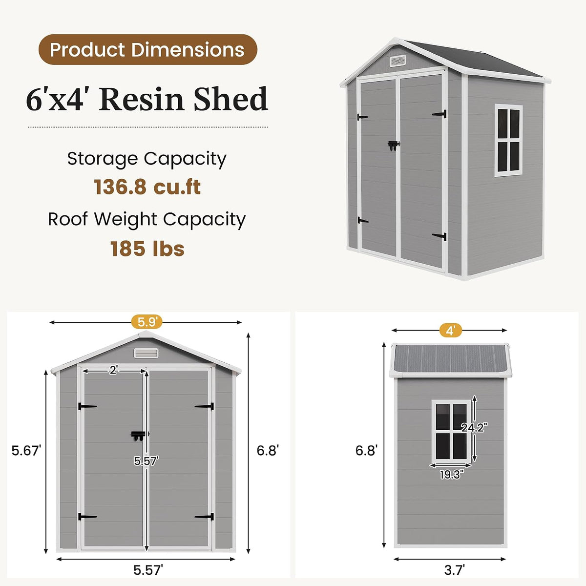 Outdoor Resin Storage Shed 6x4 FT, Plastic Shed for Garden, Grey | Weather UV Resistant, Heavy Floor, Lockable