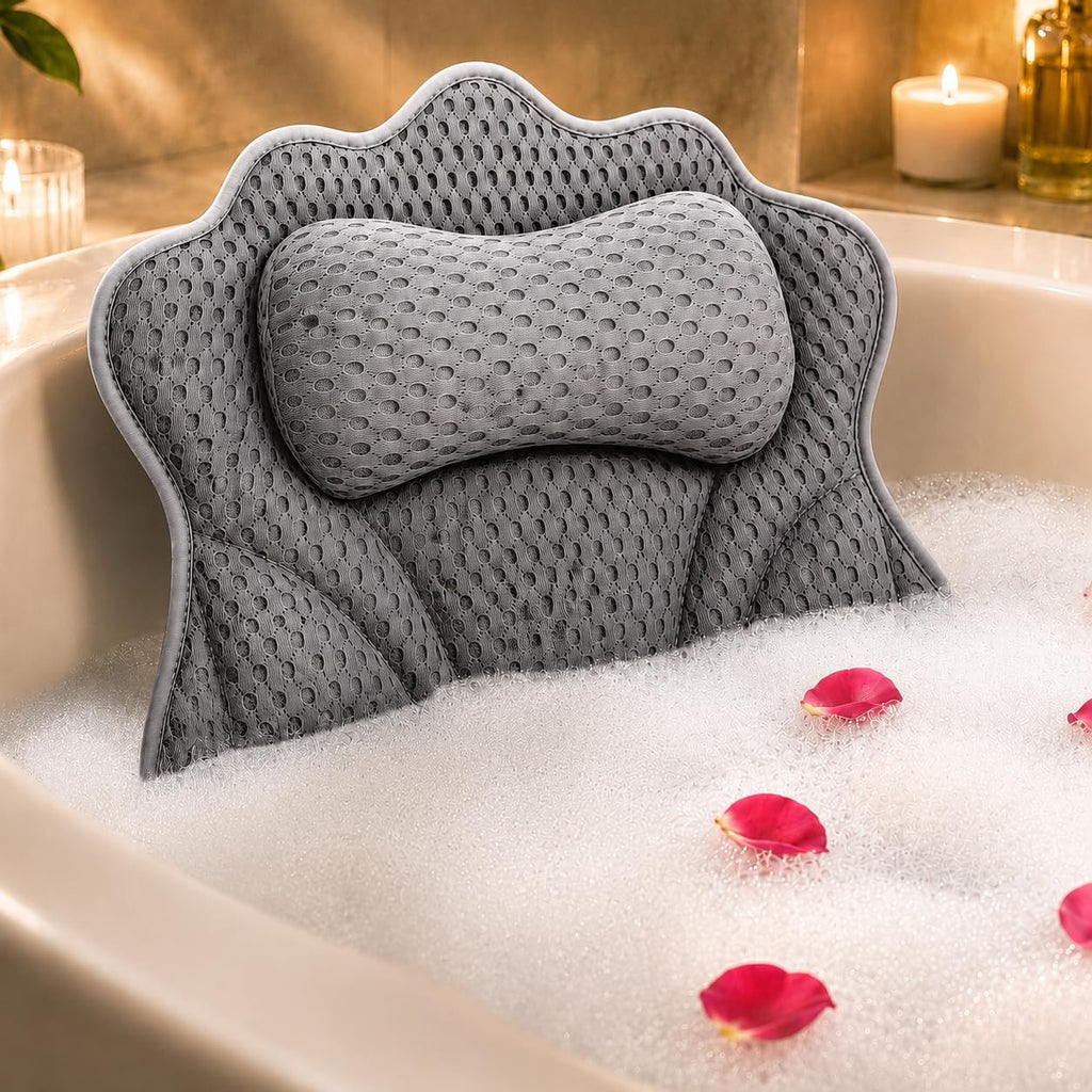 Luxe Bath Pillow for Tub Quick-Dry 4D Mesh,Head, Neck & Back Support (Gray)