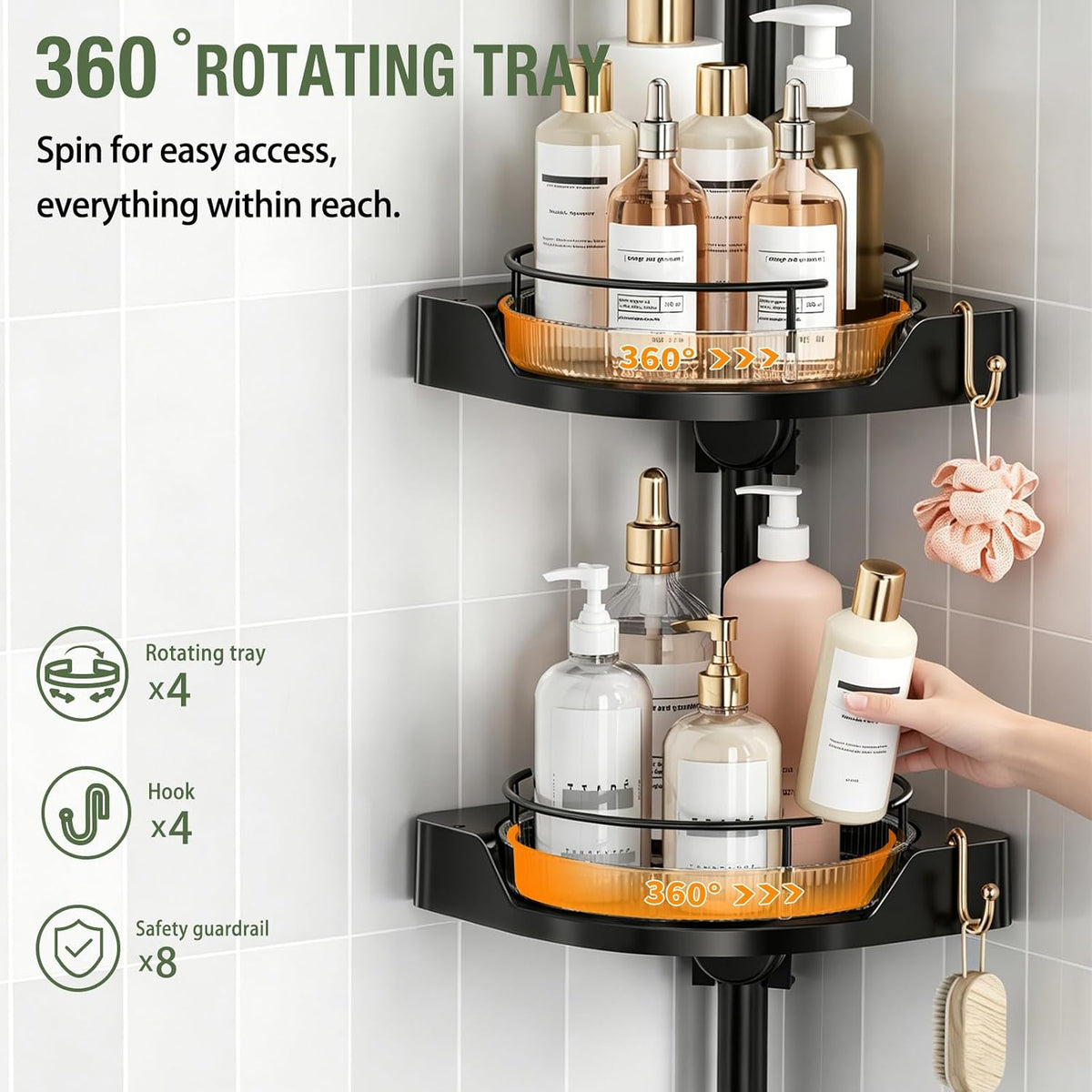 360° Rotating Corner Shower Caddy Tension Pole Organizer (Black) | 4-Tier rotating shelves with hooks, adjustable