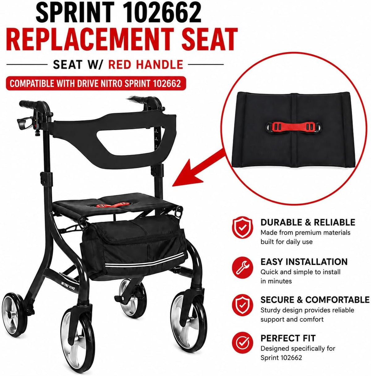 Sprint 102662 Replacement Seat – Durable Mobility Scooter Replacement, Compatible with Drive Nitro Sprint 102662, Easy Installation (Seat w/Red Handle)