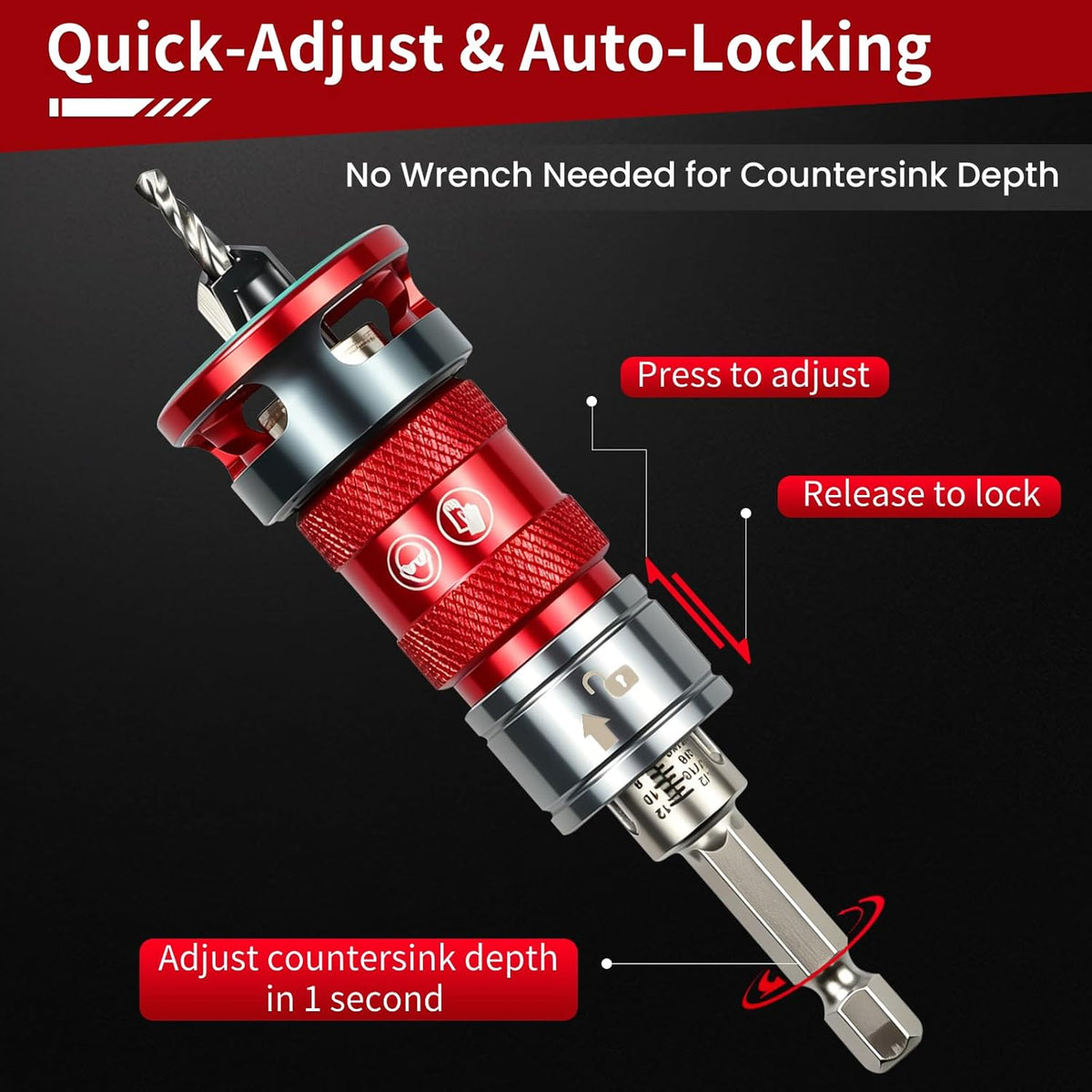 Quick-Adjust Countersink Drill Bit Set, 5 PCS TCT Cutters & HSS Bits