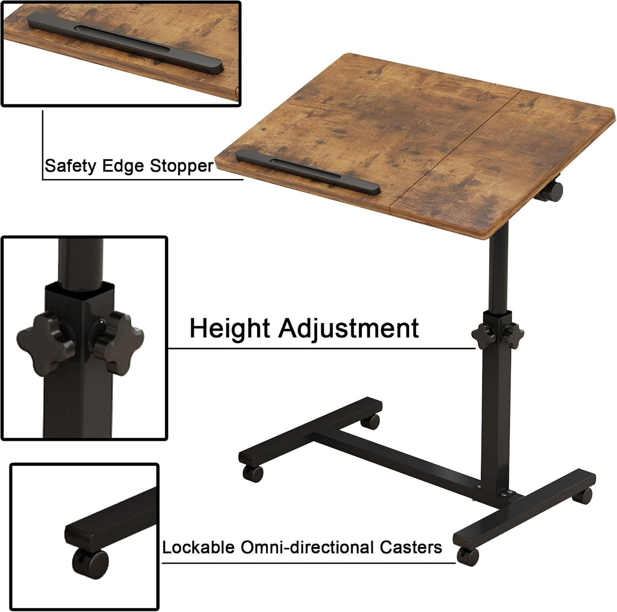 Adjustable Overbed Table with Wheels, Rolling Laptop Bed Desk for Home Hospital Use, Height & Tilt Adjustable Mobile