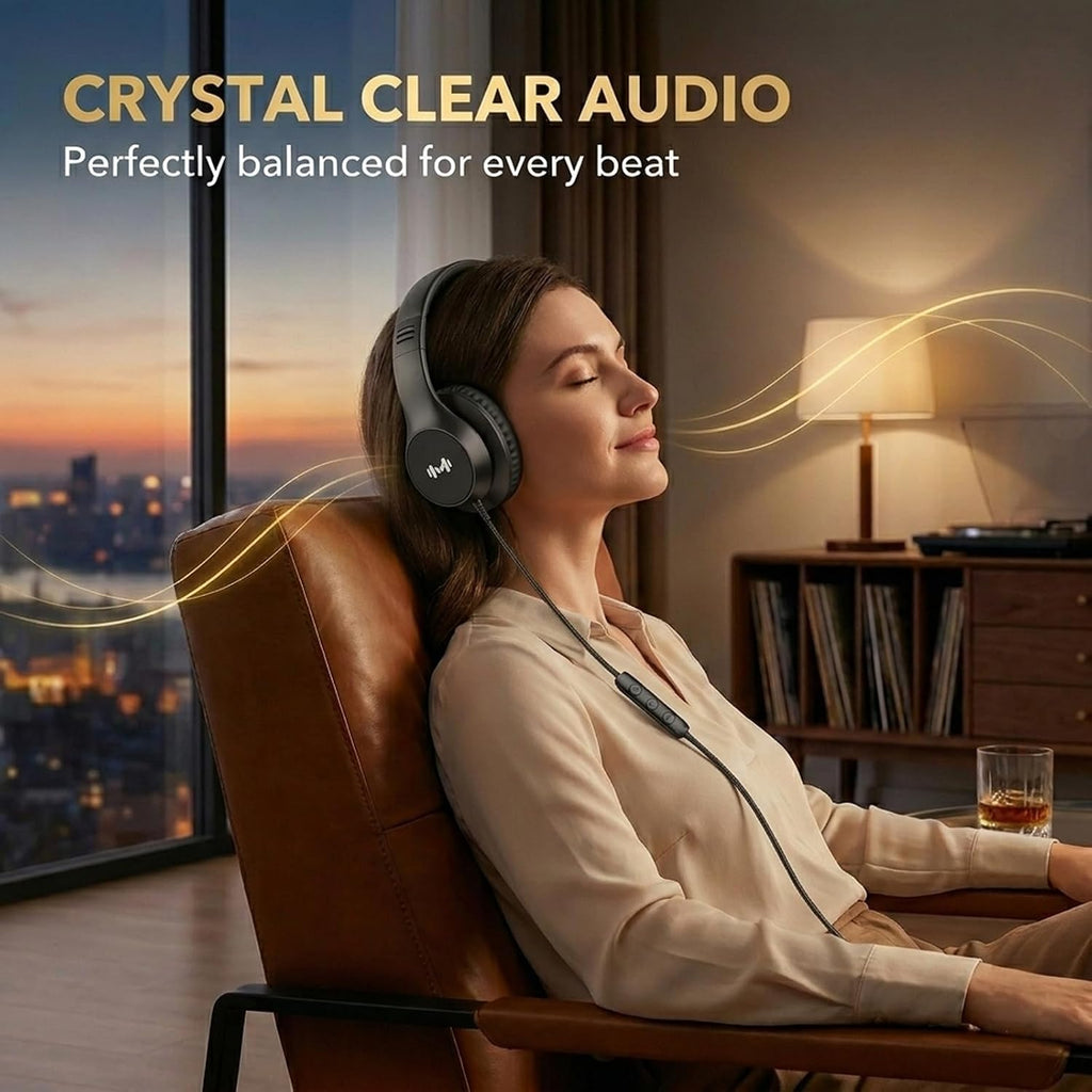 Wired Over Ear Headphones with Mic, USB-C Adapter, Black | USB-C adapter included, 3.5mm connection, comfortable ear