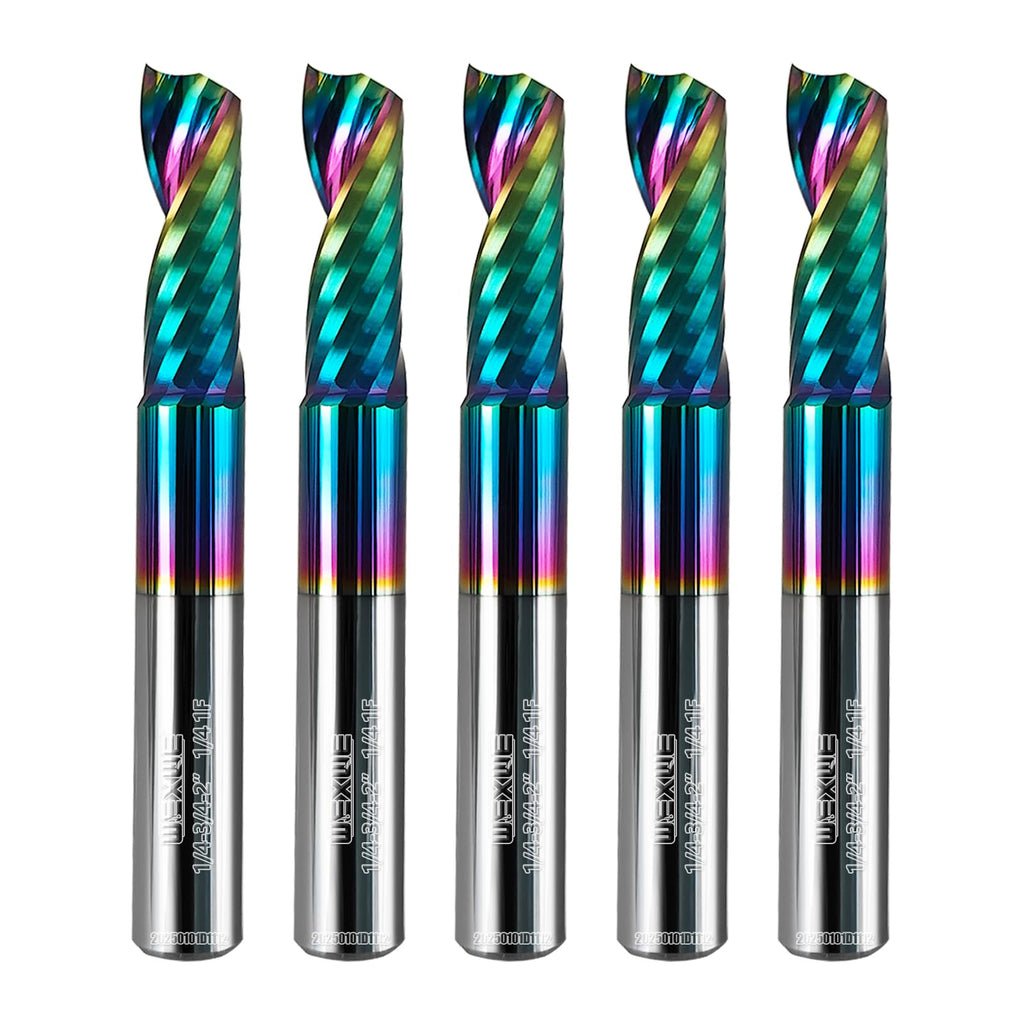 WEXWE Tools Solid Carbide CNC Spiral Single Flute End Mill - for Acrylic Plate Aluminum, Wood, Plastic, Brass, Copper Cutting - 1/4 Diameter 1/4" Shank 2" Length,1 Flute (1/4-2.0" 5PCS)