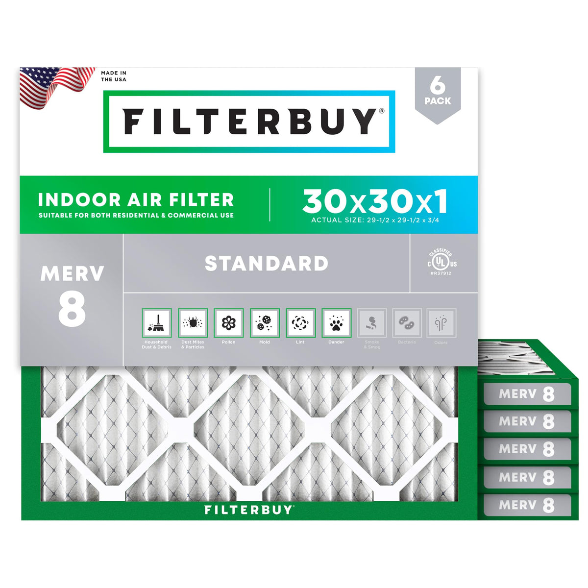 30x30x1 Air Filter MERV 8 Dust & Allergy Defense (6-Pack)