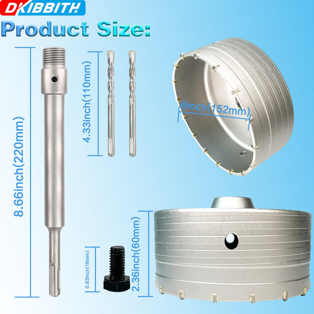 6" Concrete Hole Saw, 152mm Tungsten Steel Core Bit for Cinder Block, Brick, Rock, Plank Walls for Pipes or mini Split Lines, with SDS Plus Shank and 2 Center Positioning Drill Bits.