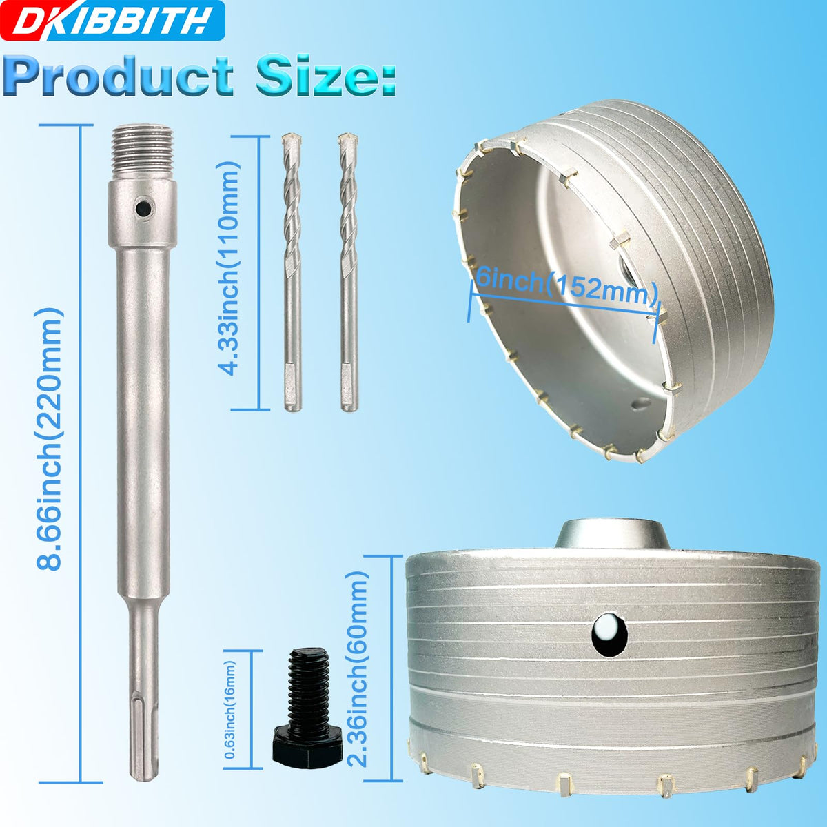 6" Concrete Hole Saw, 152mm Tungsten Steel Core Bit for Cinder Block, Brick, Rock, Plank Walls for Pipes or mini Split Lines, with SDS Plus Shank and 2 Center Positioning Drill Bits.