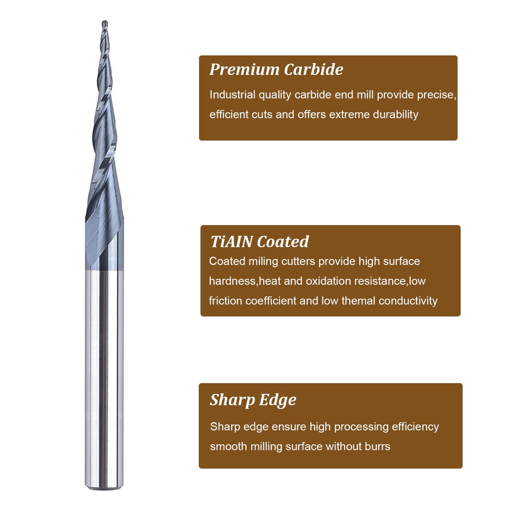 SpeTool Tapered Ball Nose Spiral Router Bit 1.0mm Tip Diameter (0.5mm Radius) 4.82 Deg for CNC Milling Engraver Carving Bits