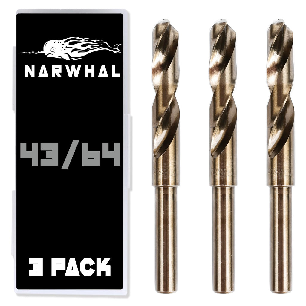 Narwhal 43/64 Drill Bit (3 Pack - 1/2 Inch Shank) Cobalt for Metal & Steel