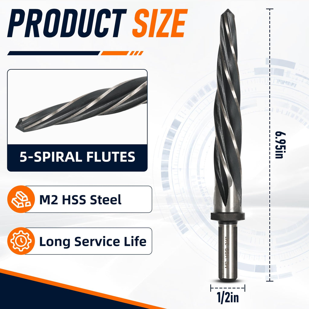 3/4 in Bridge Reamer for Metal, M2 HSS, 5-Flute, 1/2 in 3-Flat Shank