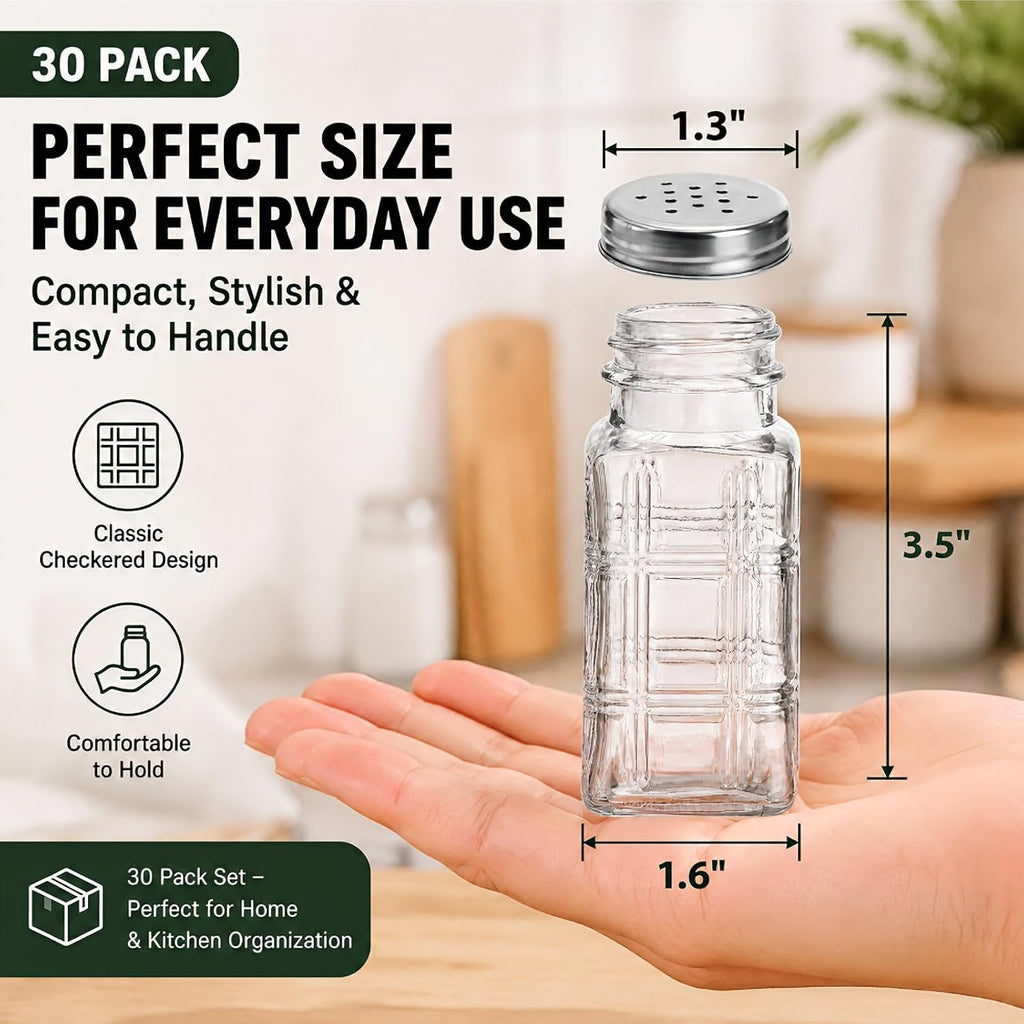 30 Pack Glass Salt and Pepper Shakers Set with Stainless Steel Lid