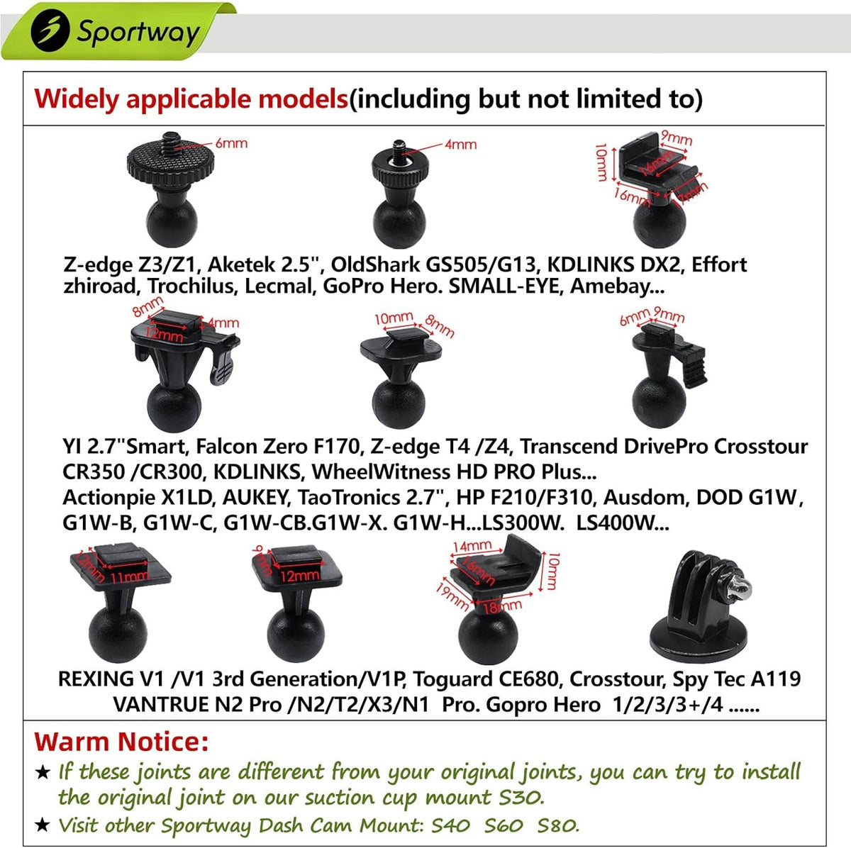 S30 Dash Cam Suction Mount (2nd Gen) with 10pcs Joints for REXING,Z-Edge,Old Shark,YI,KDLINKS,Falcon