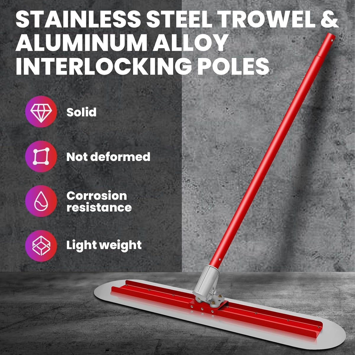 48''x12'' Round End Bull Float Concrete Kit, Stainless Steel Fresno Trowel with Adjustable Bracket, 4 Aluminum 60''