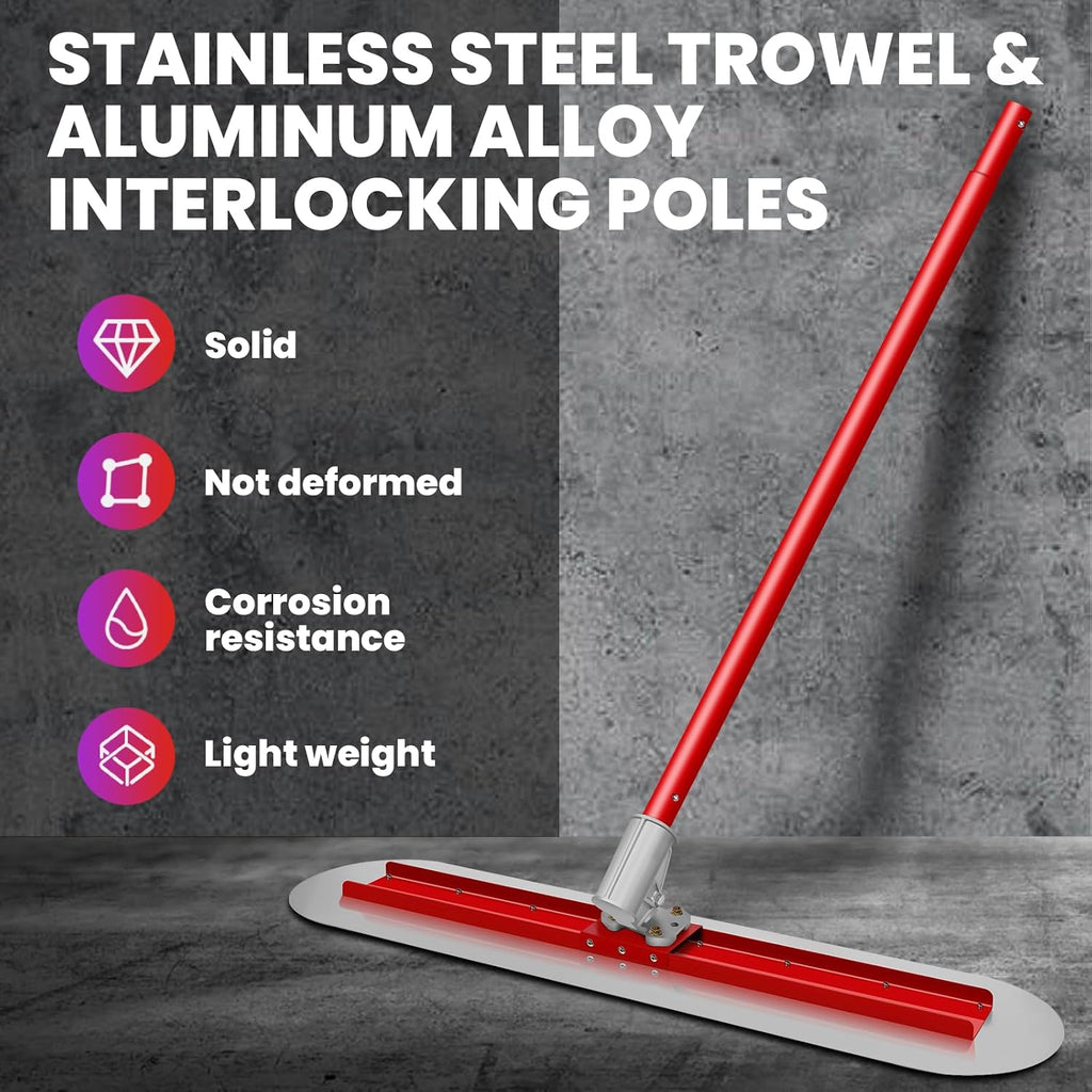48''x12'' Concrete Finishing Tool, Bull Float with Round End Fresno Trowel, Stainless Steel Board, Adjustable Bracket