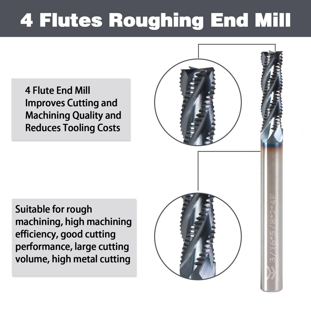 XYunEnZ 3/16" 4 Flute Roughing End Mill AlTiN Coated Carbide, 5Pcs
