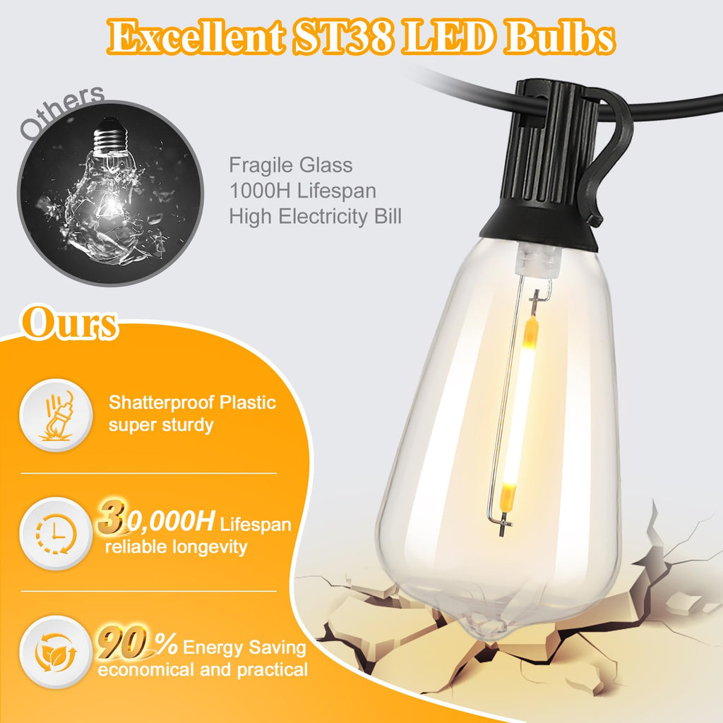 100FT Outdoor String Lights 52 Bulbs, Waterproof Patio Lights