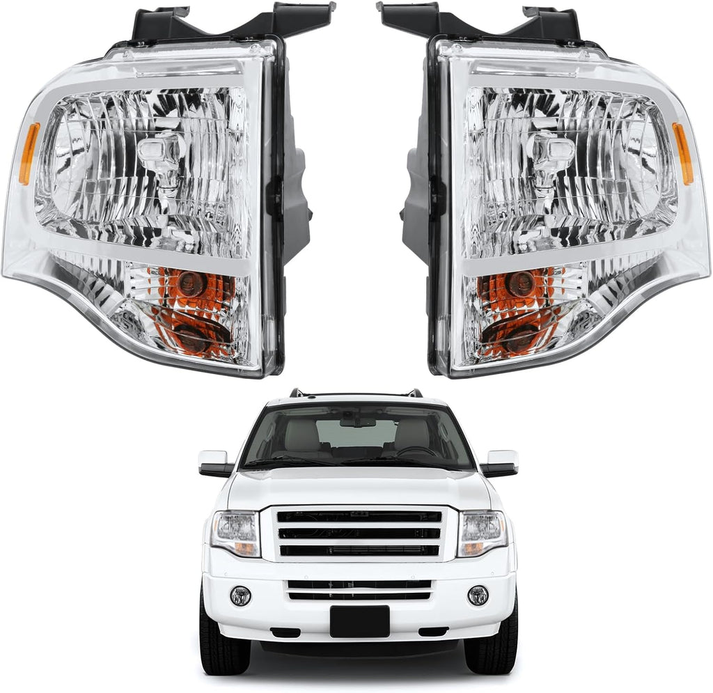 PENSUN Headlights for Ford Expedition 2007-2014, Halogen, Chrome, Pair