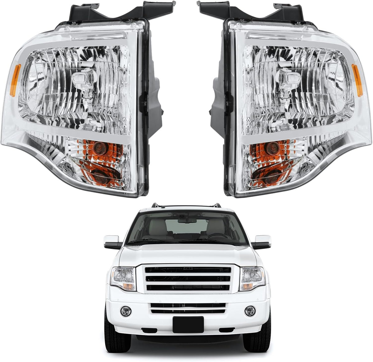 PENSUN Headlights for Ford Expedition 2007-2014, Halogen, Chrome, Pair