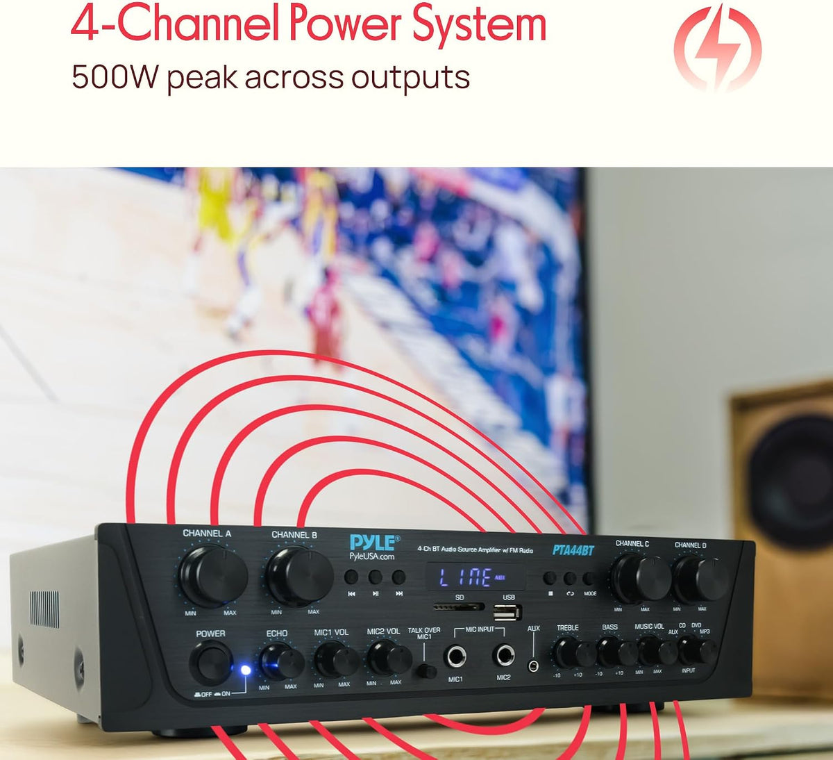 4-Channel Audio Amplifier with Bluetooth - Home Stereo Receiver w/ 500W Max Power - Commercial or Karaoke - Dual Mic