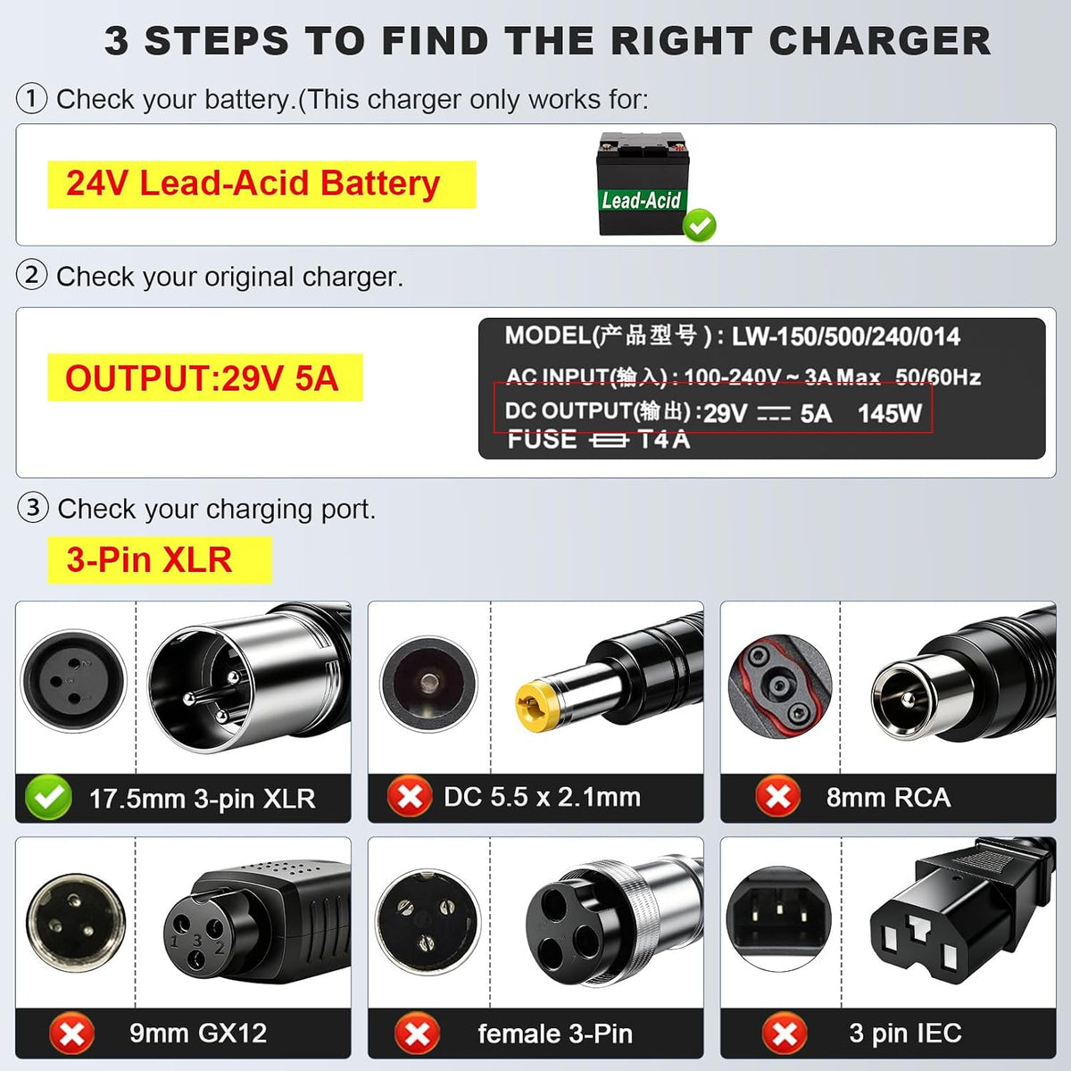 29V 5A for 24V 5A 3-Pin Male XLR Connector Battery Charger for Lakematic, Pride Mobility, Jazzy Power Chair, Drive Medical, Golden Technologies, Shoprider, Rascal 200T/500T/301 PC 24BC5000TF-1