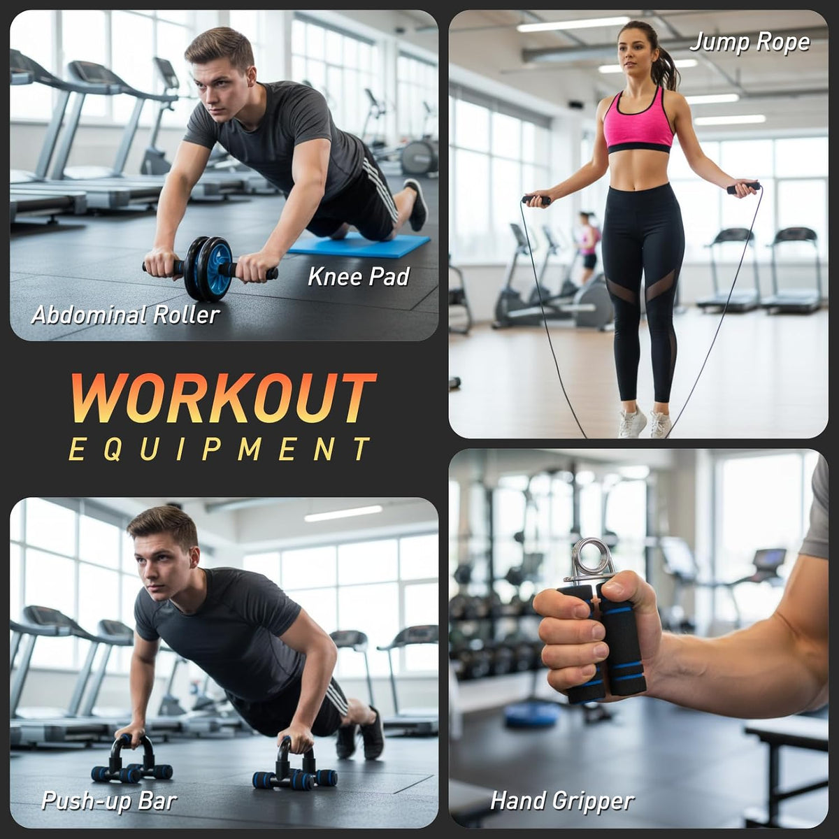 AB Wheel Roller Kit with Push-Up Bar, Knee Mat, Jump Rope and Hand Gripper - Home Gym Workout for Men Women Core