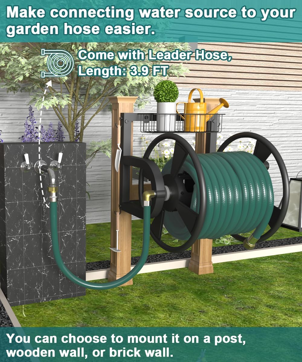 Outdoor Wall Mounted Hose Reel with Hook, Garden Heavy-Duty Water Holder Winder with 3.9 ft Leader Hoses, Brass
