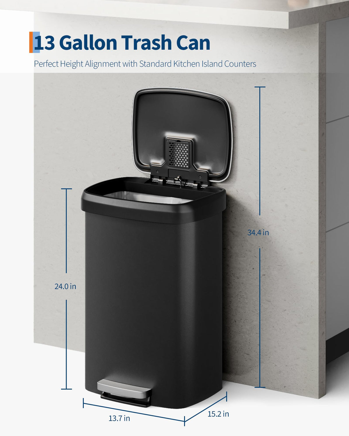 13 Gal / 50L Large Plastic Trash Can for Kitchen, Step-On with Soft Close Lid, Liner Rim, Rustproof Garbage Bin, Rear