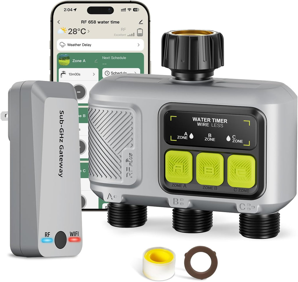 WiFi Water Timer 3 Outlet for Garden Hose, Smart Sprinkler Controller with 984ft RF Range, Smart Lawn Watering System