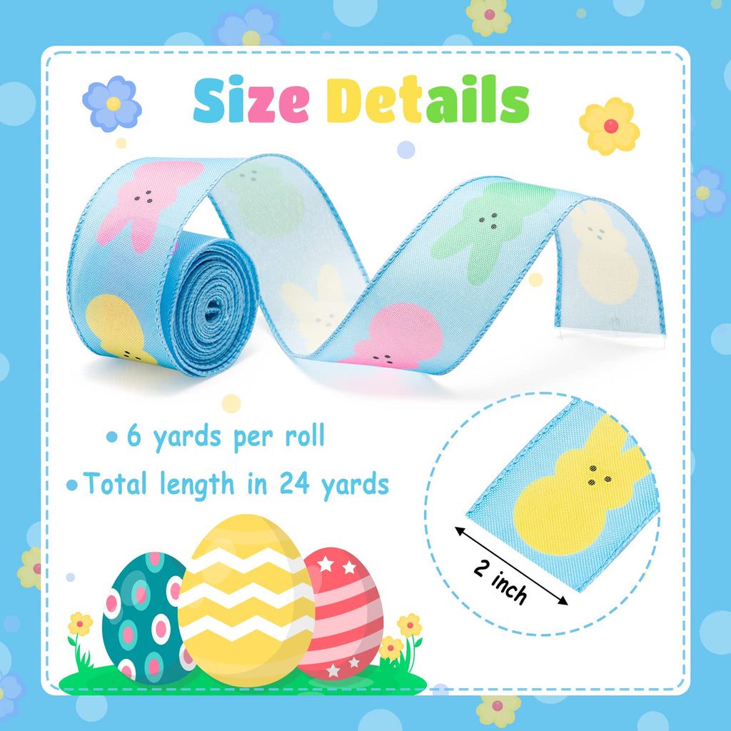 4PCS Easter Spring Pastel Wired Ribbon Rolls, Easter Bunny Wired Edge Ribbons, Decorative Wrapping Ribbon for Gift