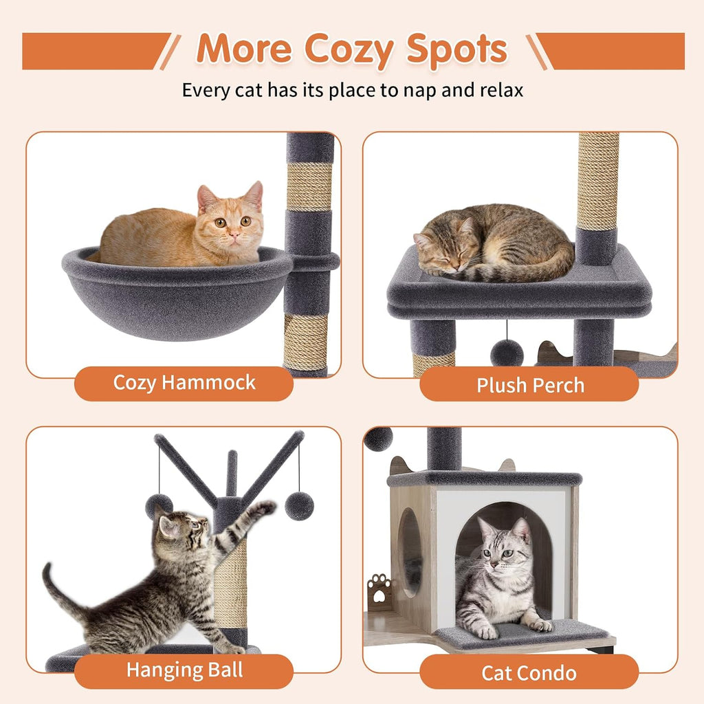 Cat Tree with Food Station and Litter Box Enclosure, Multi-Level Cat Tree Tower with Sisal Scratch Posts for