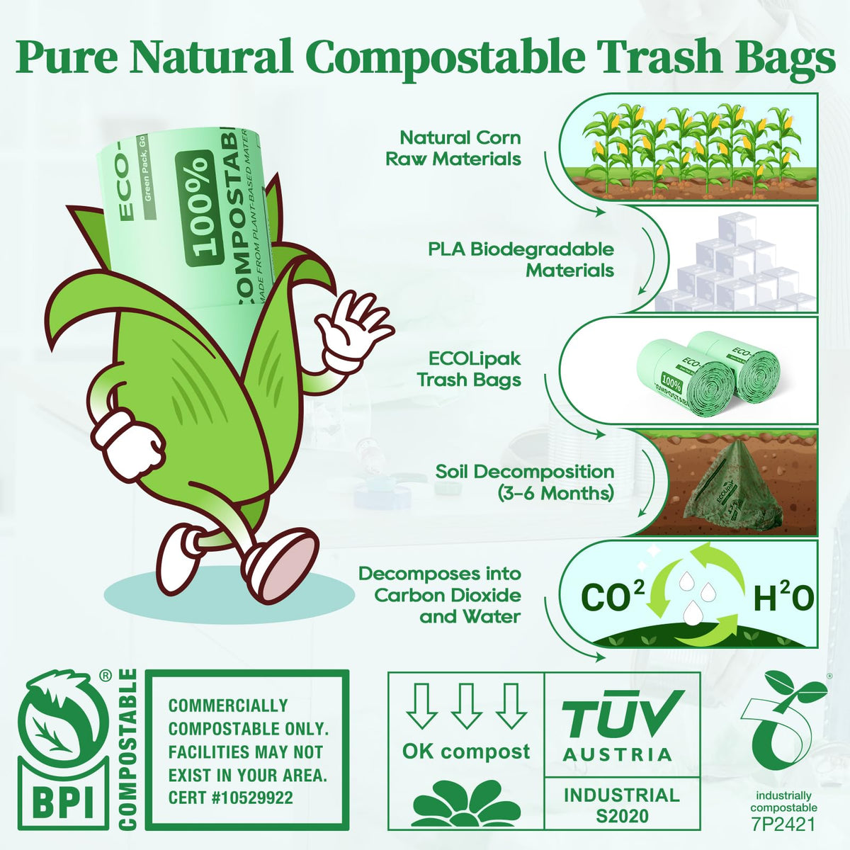 13 Gallon 50 Count Compostable Kitchen Trash Bags with Handles