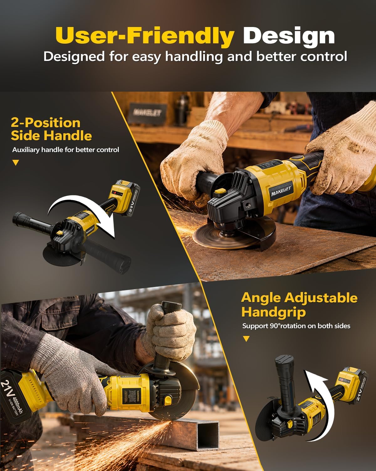 Cordless Angle Grinder, 4-1/2" 10000RPM Cut Off Tool with 2×4.0Ah Batteries | Cordless Grinder, 4-1/2" Disc