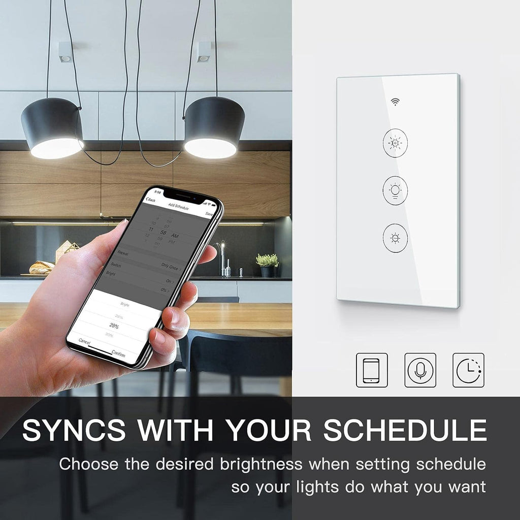 WiFi Smart Dimmer Switch, Glass Panel Wall Light Switch，2.4GHz