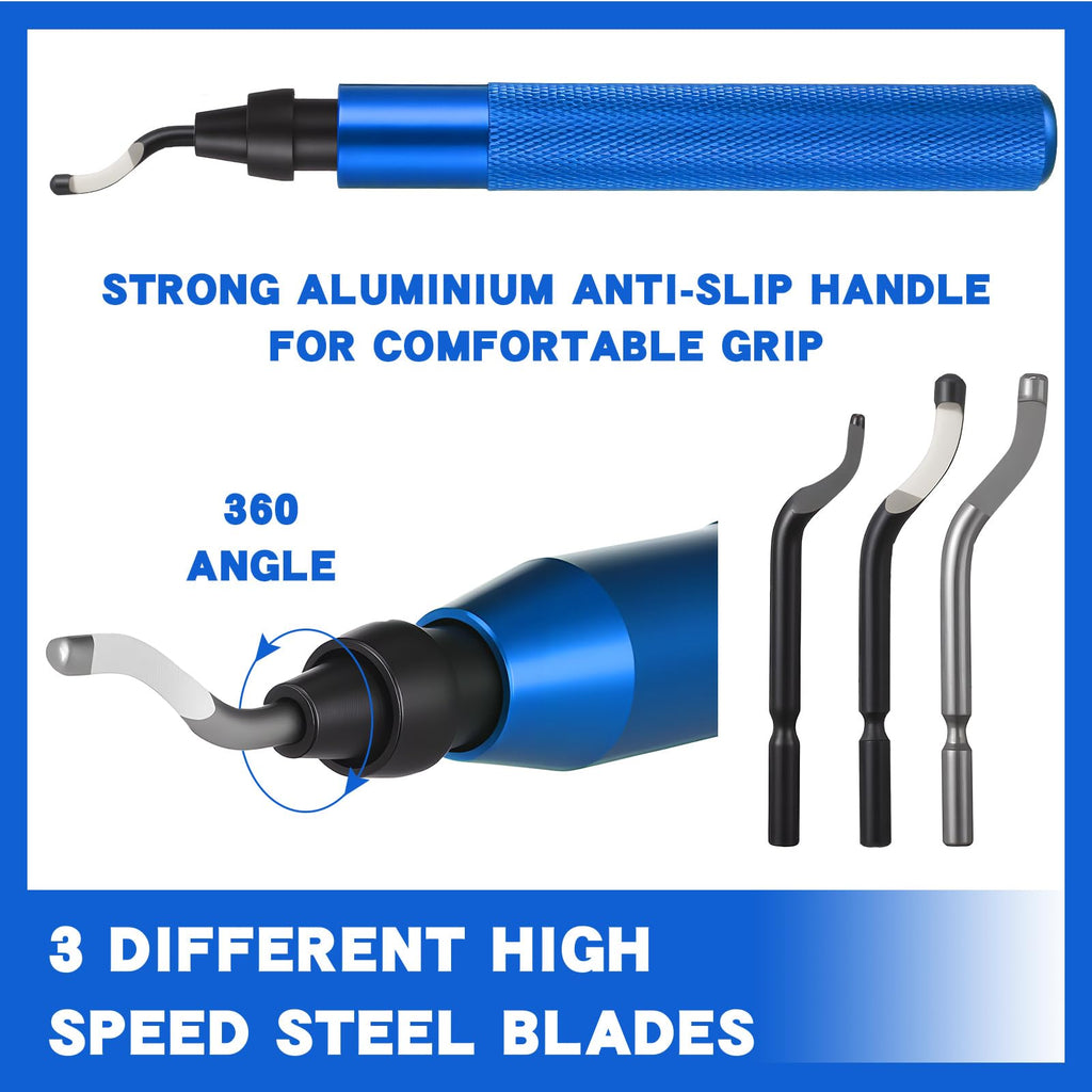 Otoolling 3 Pcs Hand Deburring Tool Kit 2 Countersink Hand Reamer and 1 Deburring Tool with 15 Extra High Speed Steel Swivel Blade for Metal, Resin, Aluminum, Copper, Plastic, 3D Printing, Wood (Blue)