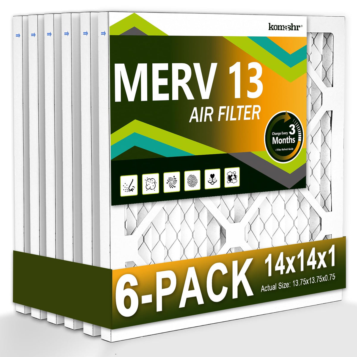14x14x1 Air Filter MERV 13 (6-Pack), HVAC/Furnace AC Filter Replacement, Dust Defense–Comparable with MPR 1500-1900 &