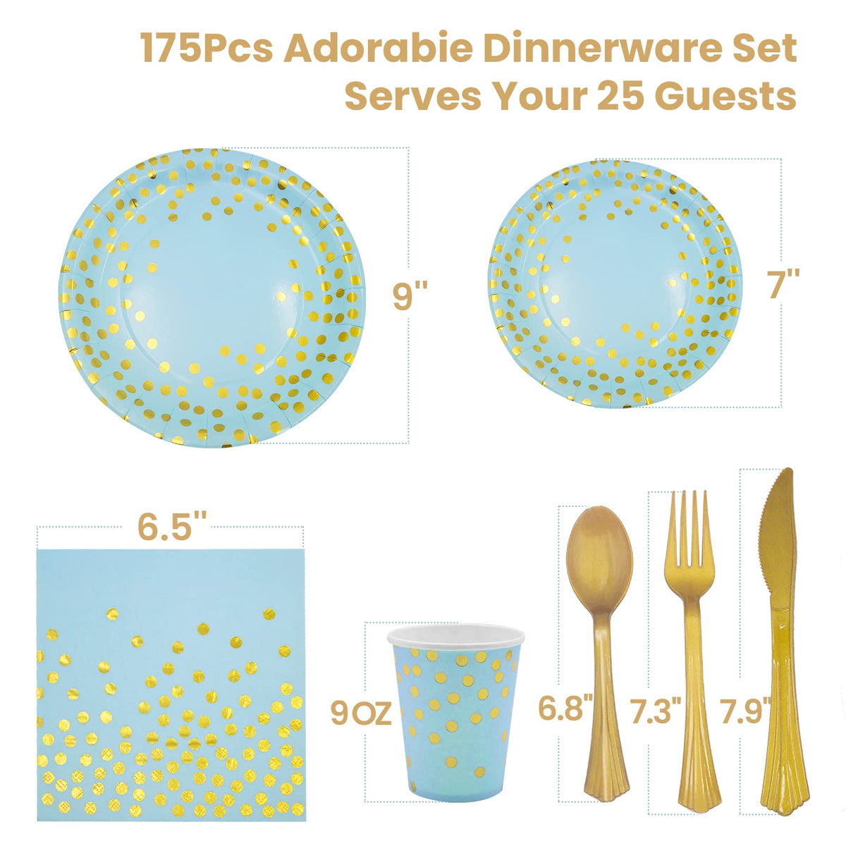 Blue Gold Paper Plates Set, 175PCS Disposable Dinnerware for 25