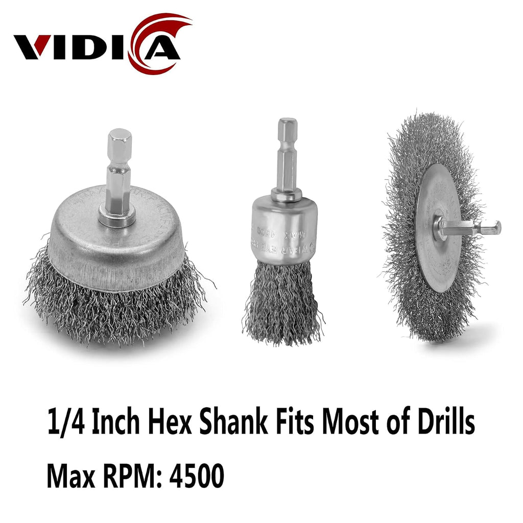 VIDICA Wire Brush for Drill Set 9Pcs,Abrasive Wire Wheel for 1/4 Inch Hex Shank, Wire Cup Brush for Drill, Coarse Crimped Carbon Steel Wire Brush Set for Removing Paint and Rust