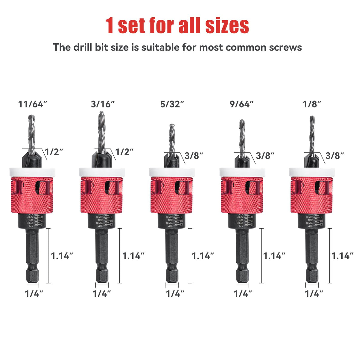15PCS Countersink Drill Bit Set with Adjustable Depth Stop Collar for Wood