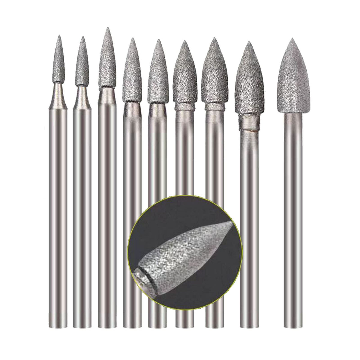 Luo ke 9 Pcs 1mm - 6mm Bullet Shape Diamond Burr - 3/32'' Shank