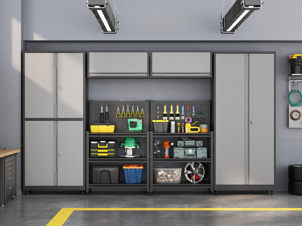 Metal Garage Storage Cabinets System, 6 Piece Workshop Steel Cabinet Set, Rolling Garage Cabinets for Tools, Lockable