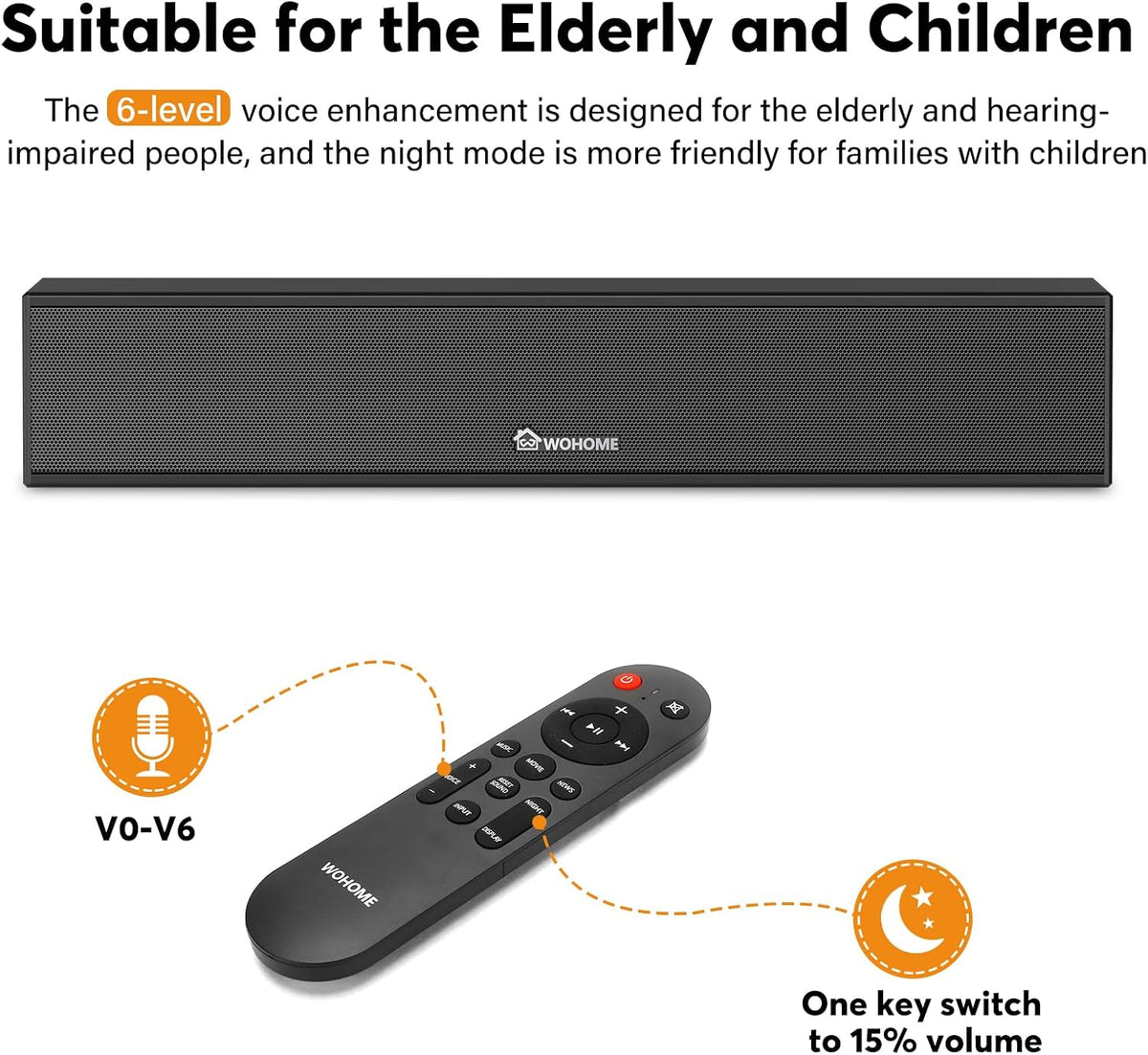 2.1 Sound Bar for Smart TV with Built-in Subwoofer, 6 Levels Voice Enhancement, 15 Inches Small TV Soundbar Speakers