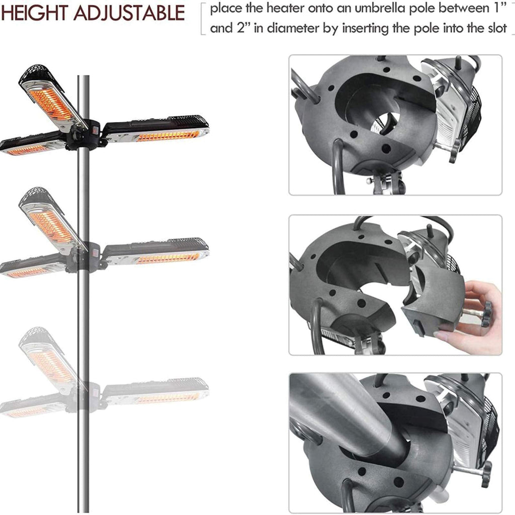 Electric Patio Parasol Umbrella Heater, Folding Outdoor Electric Infrared Space Heater with 3 Heating Panels for