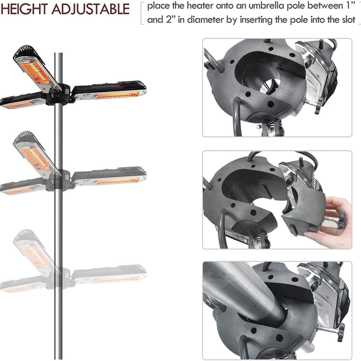 Electric Patio Parasol Umbrella Heater, Folding Outdoor Electric Infrared Space Heater with 3 Heating Panels for
